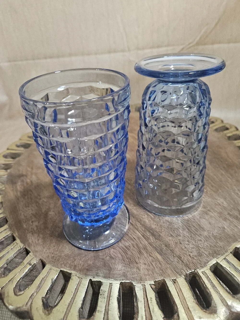 Vintage Indiana Colony Whitehall Light Blue Cubist Footed Ice Tea Glasses Set 2
